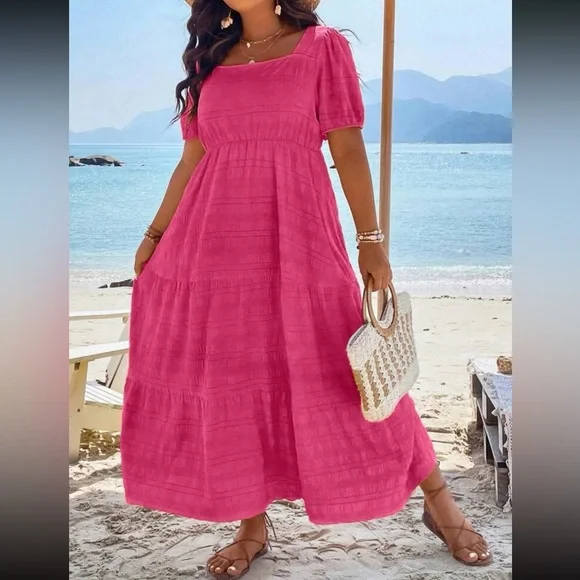 Boho Plus Size Comfy Square Neck Puff Sleeve Ruffle Hem Maxi Dress | Color: Pink | Size: 20 | Karaandk_Plus's Closet
